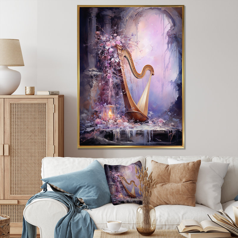 Lyre Lore Mythical Mauve sur toile, Encadrement doré, H 32 po x l 24 po