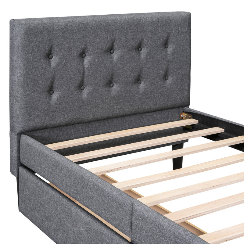 Lit plateforme simple tapissier gris avec rangement - solide et contreplaqué, revêtement en lin confortable, cadre à 2 tiroirs facile à assembler, tête de lit confortable, espace supplémentaire, installation rapide