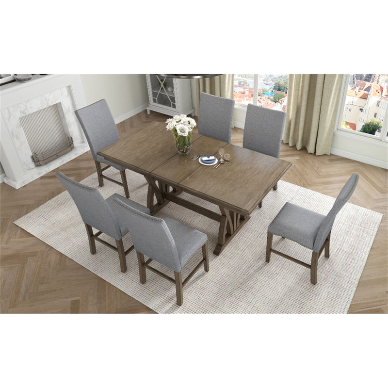 Mid-Century Solid Wood Extendable Dining Table Set with 6 Upholstered Chairs