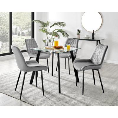 Scandinavian Style Glass and Metal Leg Square Dining Table Set - 4 Modern Velvet Dining Chairs
