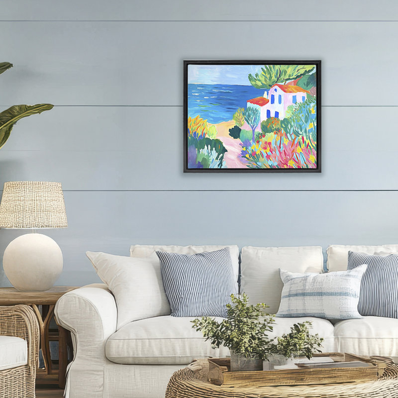 Cadre flottant Vibrant House On The Beach, design par Ramona Murdock, H 17 po x l 21 po, Cadre flottant noir de jais