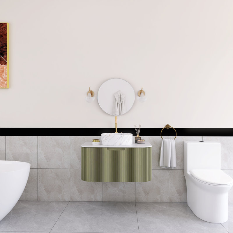 Meuble-lavabo flottant mural 30 po en bois naturel avec plateau en marbre artificiel blanc, Vert