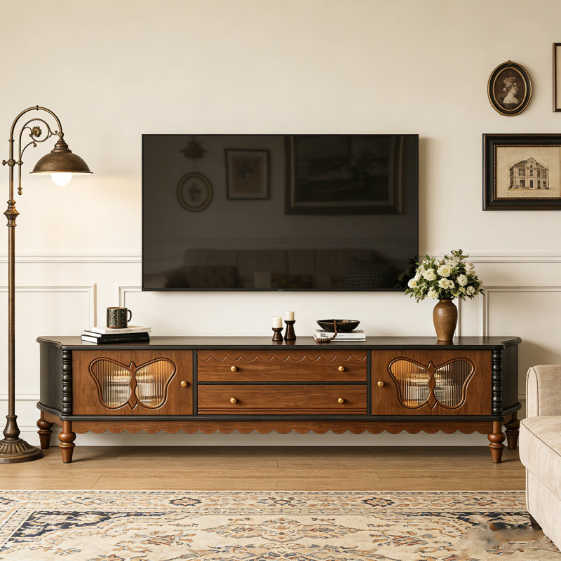 Meuble télé rétro avec portes en verre, H 22,04 po x L 78,74 po x l 15,74 po, Brun / Noir