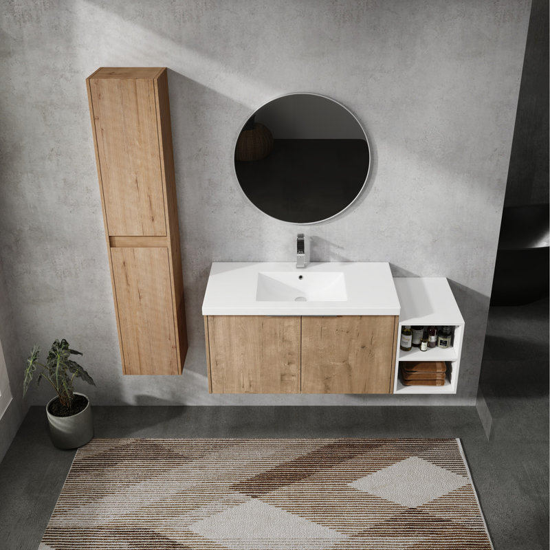 Meuble-lavabo 48 po avec lavabo en résine et armoire d'appoint, structure en contreplaqué massif, meuble-lavabo d'aspect tendance et armoire, look élégant