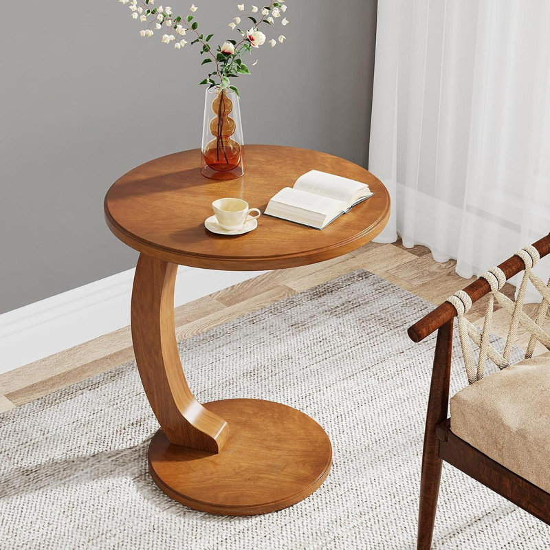 Table de bout ronde en forme de C 18,9 po pour petit canapé, table d'appoint pour le salon ou la chambre à coucher, table de chevet rétro Boho avec placage en bois massif, imperméable et résistante aux égratignures, brun rétro