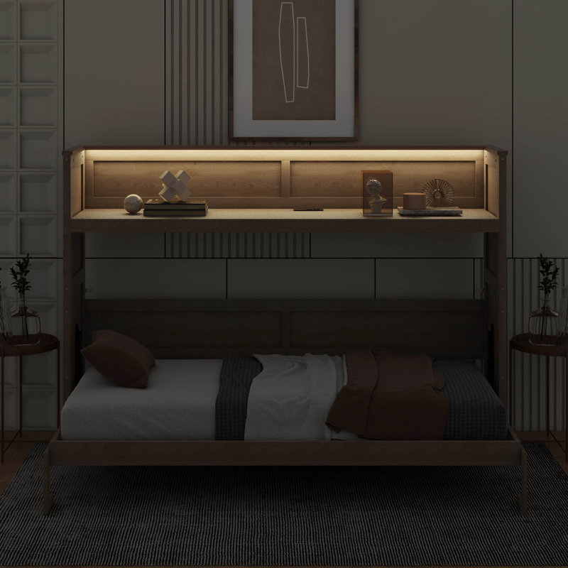 Twin XL Size Murphy Bed With Desk,LED Light And USB Charging Station