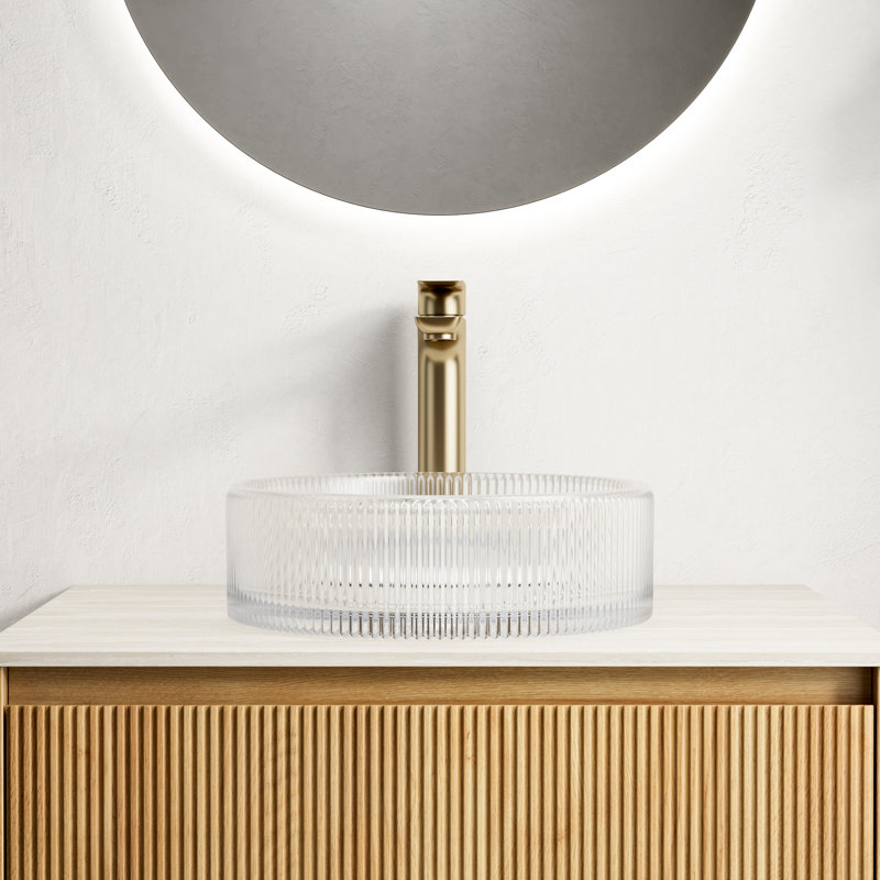 14 - Inch Bathroom Sink, Transparent Round Crystal Glass, Artistic Stripes, Suitable For Countertop Use, And Refreshing, 14.06*4.44 Size, Recommended Drain Hole 14.06 Glass Sink Bathroom, No Faucet,