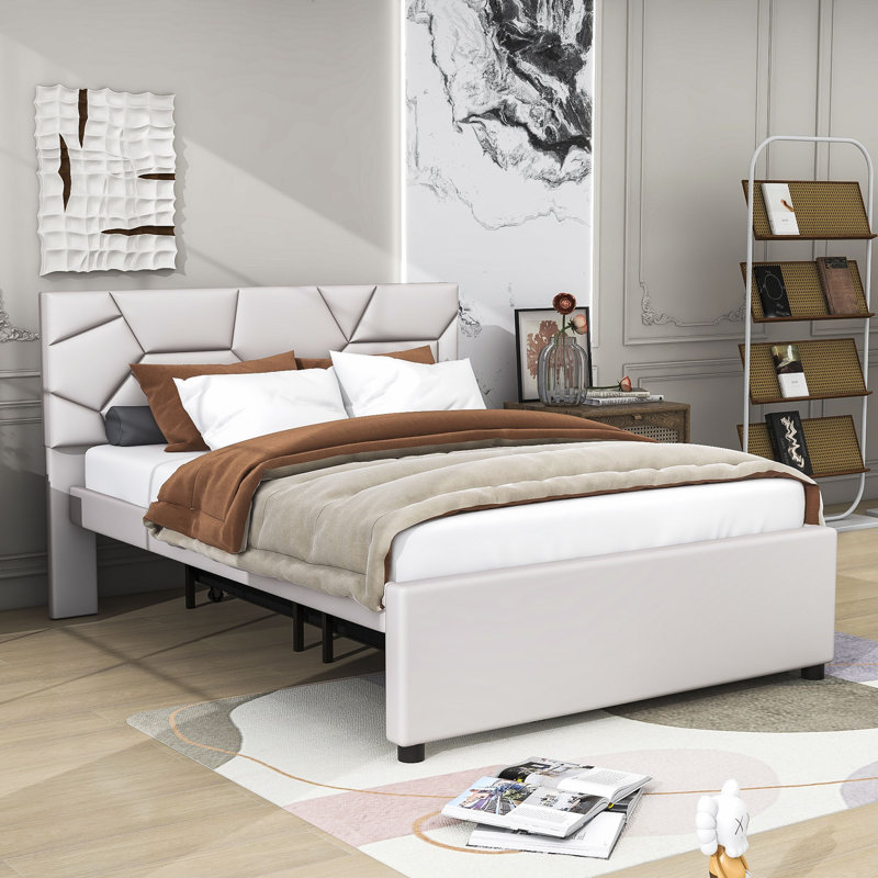 Lit plateforme tapissier avec couchette Elerte, Double, Beige
