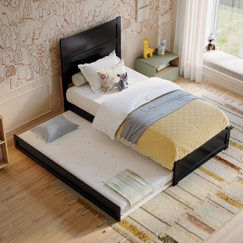 Lit plateforme en bois avec pied de lit et gigogne Aveline, Lit simple, Noir