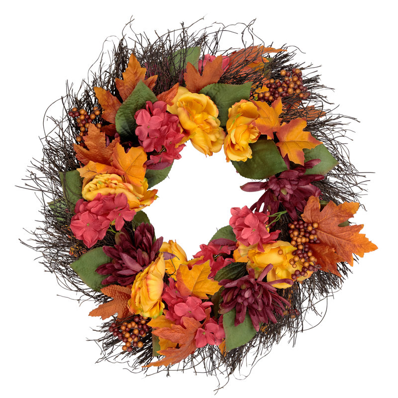 24" Autumn Harvest Artificial Floral Wreath with Feather Accents