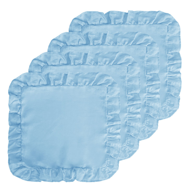 Serviette de table unie à volants 100 % lin, Bleu