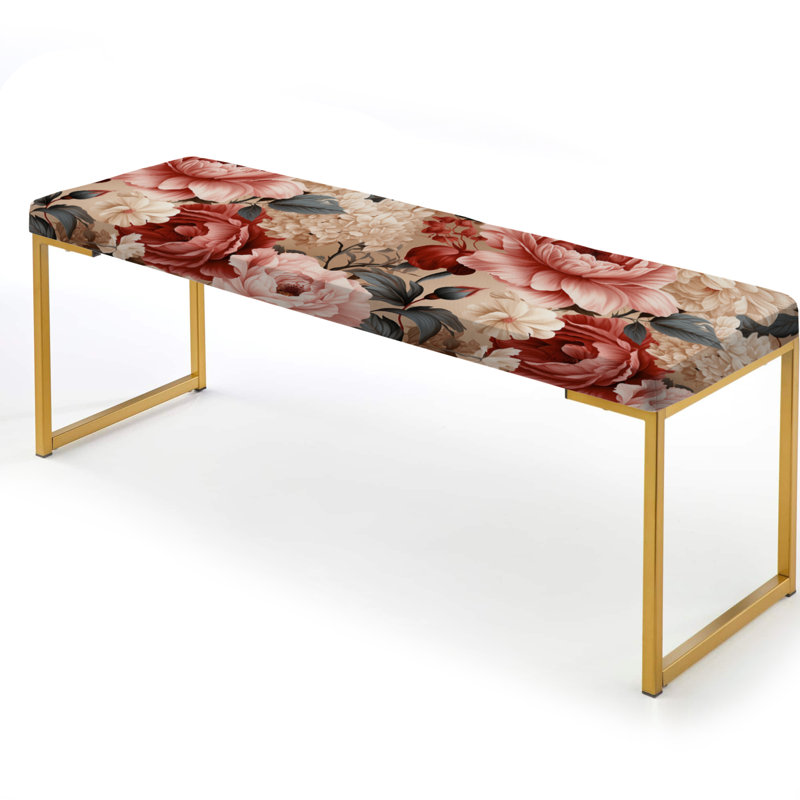 Floral Upholstered Gold Bench, Timeless Pink Peony Garden Serenity
