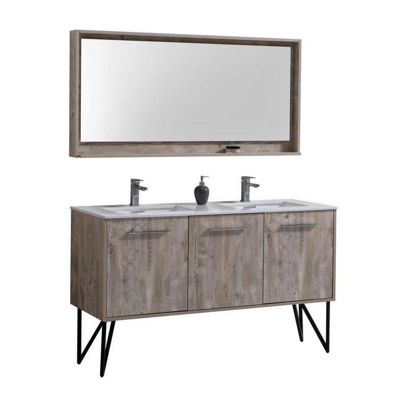 Ensemble de meuble-lavabo double 59 po avec miroir Almaraz, Bois naturel
