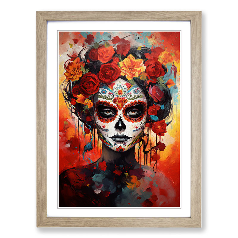 Sugar Skull Modern No.2 - Single Picture Frame Print on Wood, Oak, 34cm H x 25cm W x 2cm D