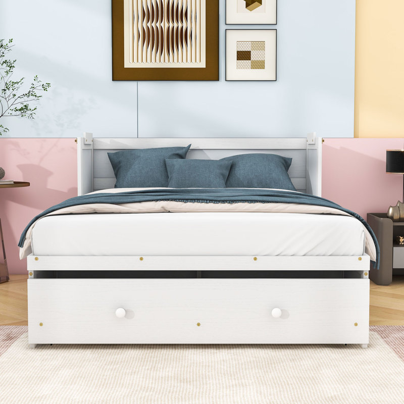 Lit escamotable en bois avec 1 tiroir et ports USB, Complète, Blanc