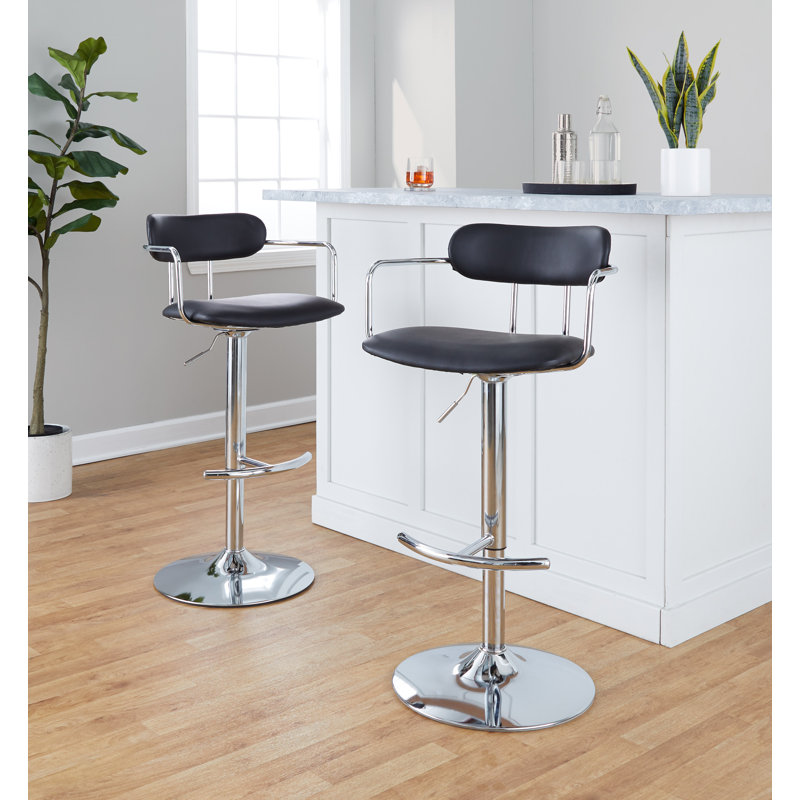  Tabouret de bar en similicuir à hauteur ajustable Erma avec repose-pieds arrondi en T (ensemble de 2), Noir, Chrome chrome