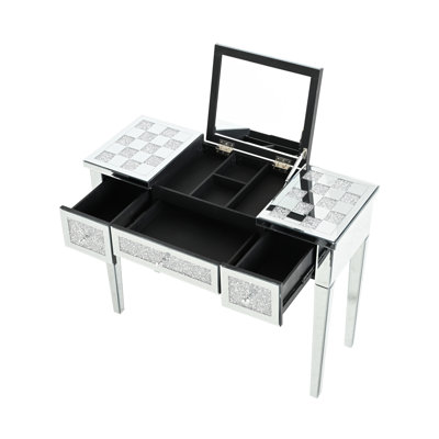 Mirrored Glass Console Table With Checkerboard Design And Diamond Inlay. Convenient For Morning Beauty Routine. Great Bedroom Decoration Makeup Desk Cushioned Hidden Mirror. Versatile Different