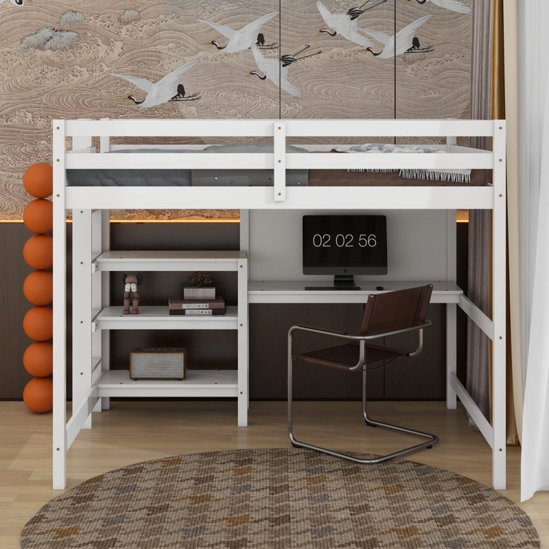 Lit mezzanine en bois avec tablettes, bureau et tableau d'écriture, Simple, Blanc