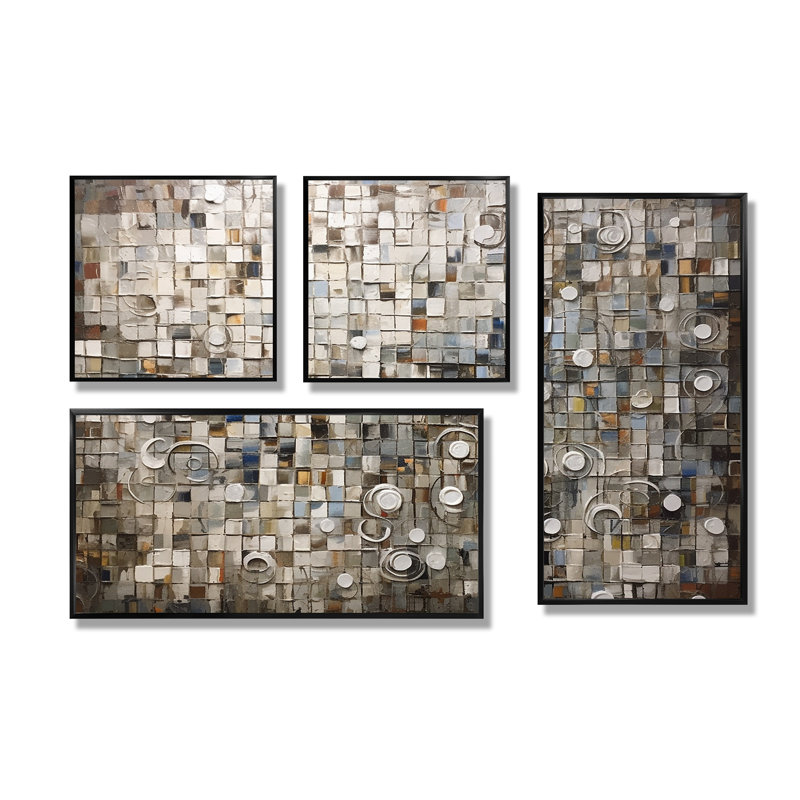 Mélange bohémien brun et blanc - mosaïque géométrique sur toile 4 pièces, Impression encadrée sans passe-partout, Noir