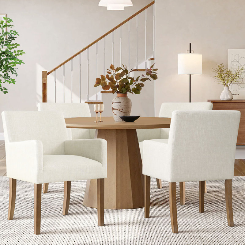 Set of 4 Upholstered Solid Wood 20.5'' Seat Height Linen Dining Armhair, Cream