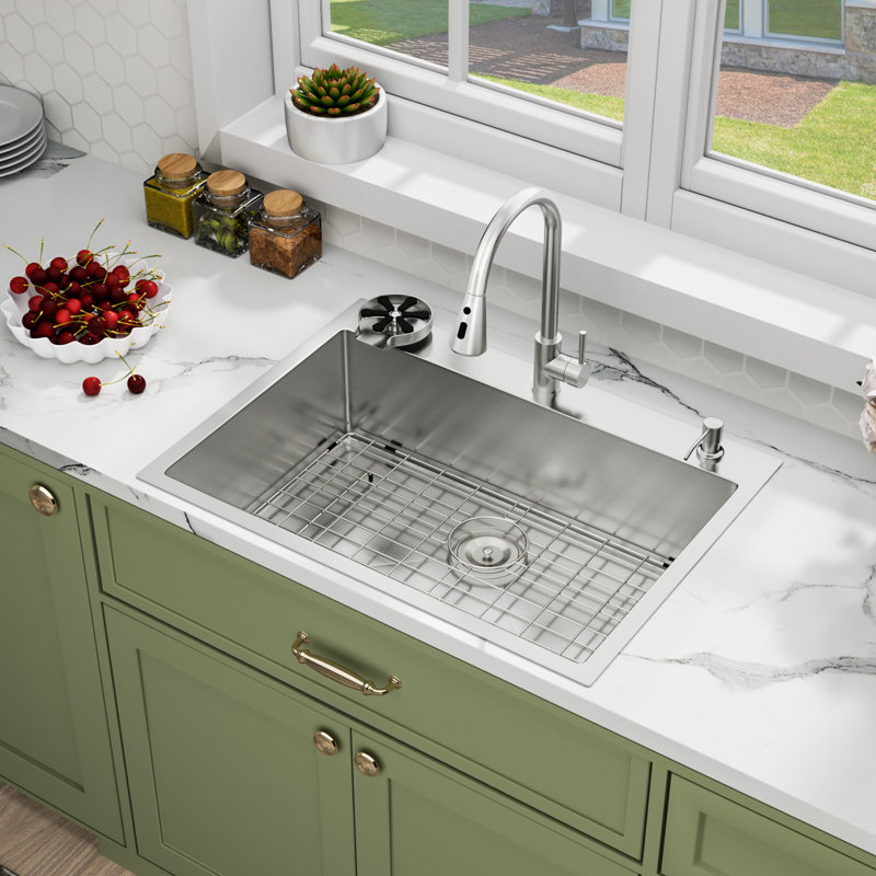 30"L x 22"W Drop In Single Bowl Kitchen Sink Stainless Steel Kitchen Sink With Pull-Out Faucet,Soap Dispenser