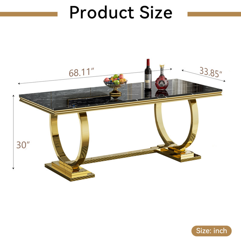 68" Marble Dining Table, Luxurious Marble Table Dining with Printed Faux Marble Tabletop and O-Shape Stainless Steel Pedestal, Modern Kitchen Dining Room Table for 8