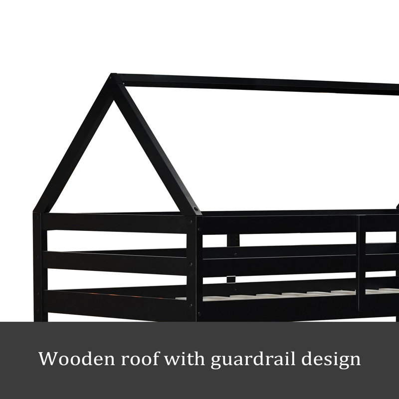 Twin Over Twin Rubber Wood Floor Bunk Bed, With Ladder,Guardrails,House-Shaped-Bunk Bed, Black