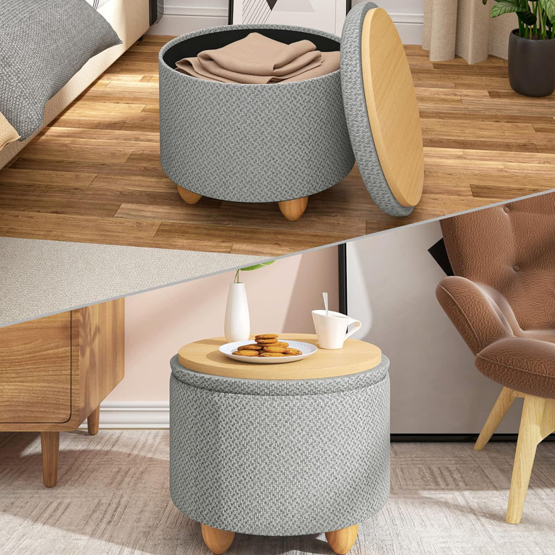 Othella 39cm Wide Round Ottoman with Storage, Gray Linen