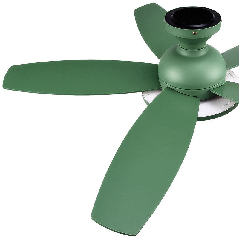 Ventilateur de plafond encastré à 5 pales à profil bas avec lumière DEL et télécommande, Vert avec pales en bois vert / chêne