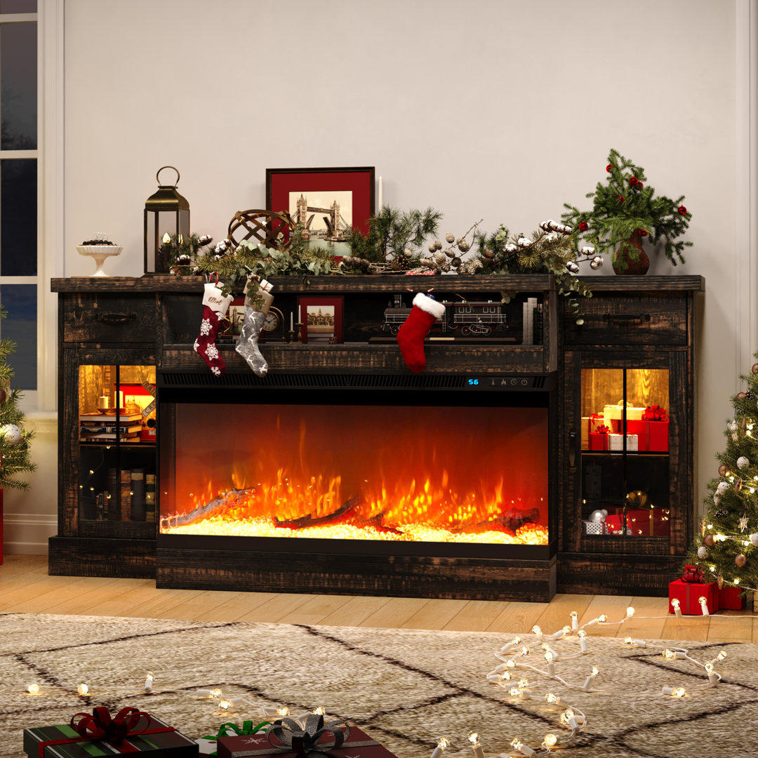 Fireplace TV Stand with Glass Doors, Fireplace TV Stand with 40" Electric Fireplace for 80" TV, 70" Entertainment Center with Adjustable Storage Cabinets, LED Lights, TV Stands for Living Room Millwood Pines 