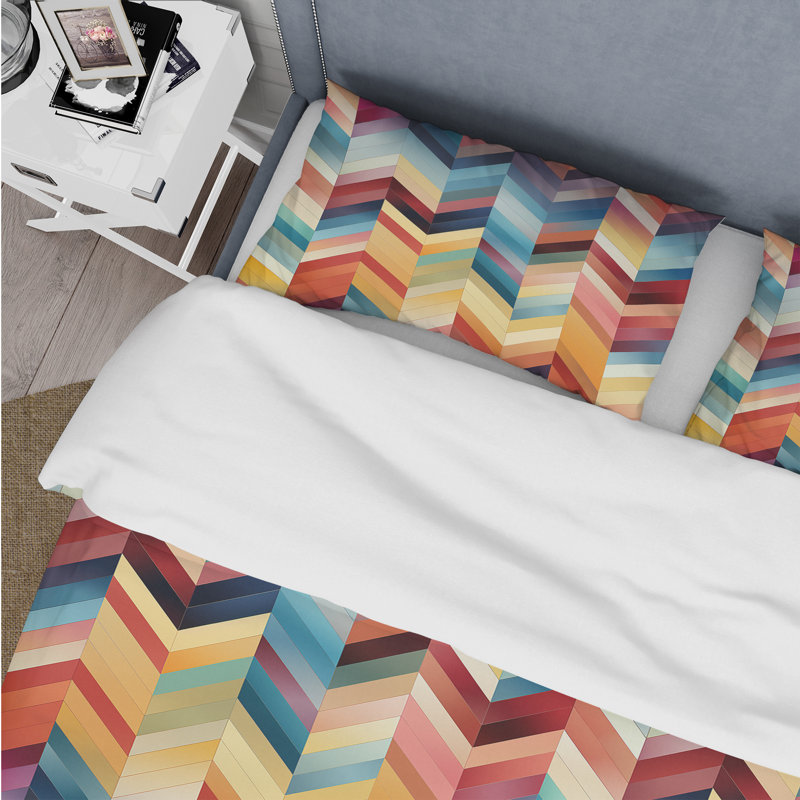 Ensemble de housse de couette en microfibre à motif de chevrons en mosaïque bleue / jaune / rose
