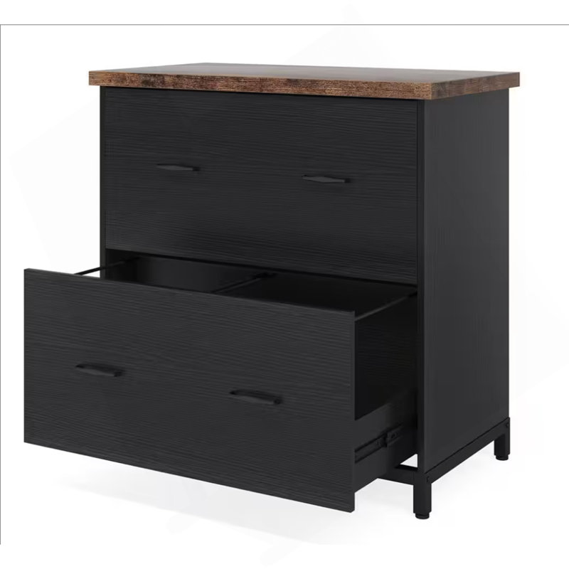 2-Drawer Lateral File Cabinet, Rustic Wood Filing Cabinet For Home Office, A4/Letter Size, Printer Stand With Storage & Heavy-Duty Steel Frame, Brown & Black