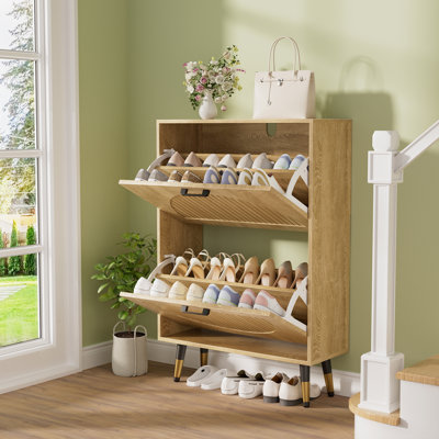 Rattan shoe cabinet with 2 flap drawers, metal legs, slim freestanding flap drawer shoe cabinet