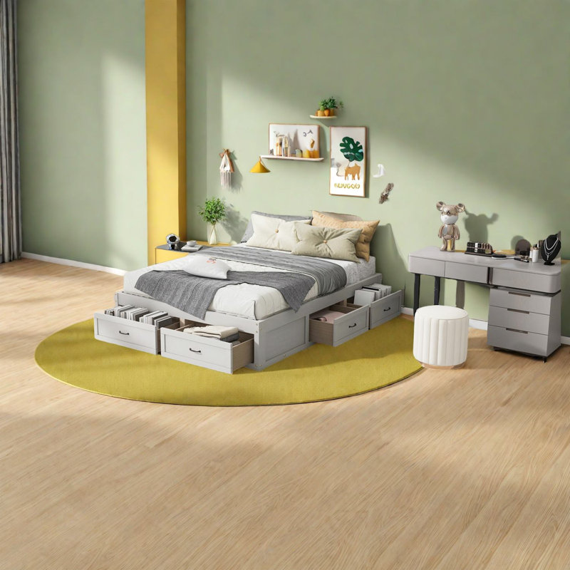 Lit plateforme spacieux avec tiroirs de rangement, blanc antique
