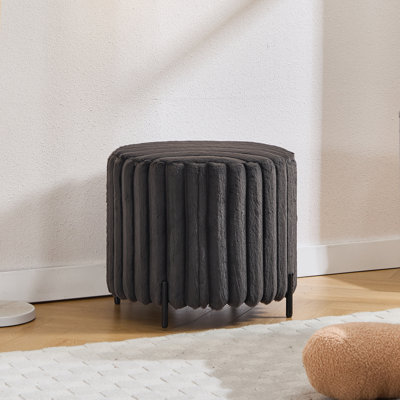 Faux Fur Upholstered Round Ottoman with Black Metal Legs
