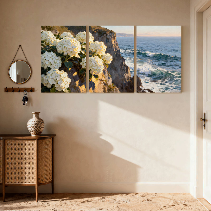 Hydrangées fleurs, roches, vagues océan, coucher de soleil, réflexion, beauté naturelle, ensemble de 3 impressions sur toile