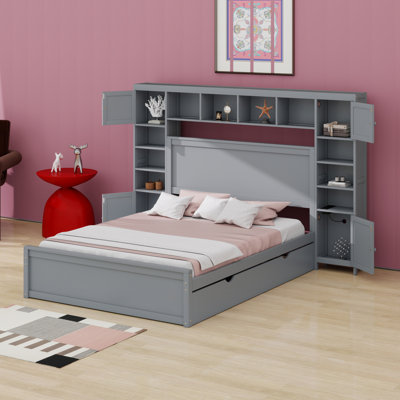 Wooden Bed With All-In-One Cabinet, Shelf And Sockets,Drawers