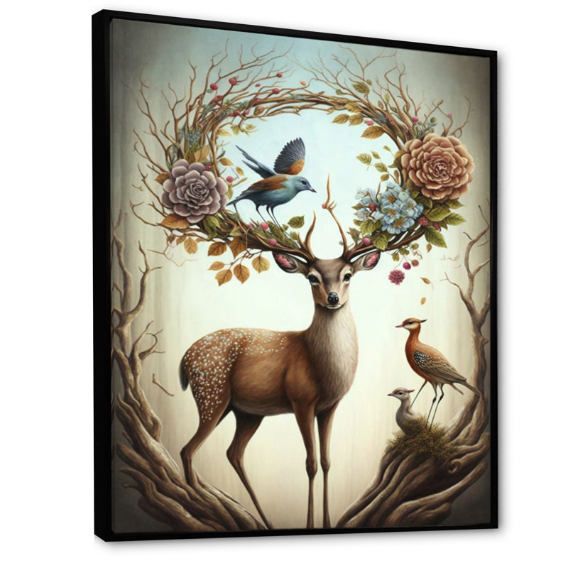 «Avalynn Deer With Blooming Antler IV», reproduction sur toile, H 20 po x l 12 po x P 1 po, Toile avec cadre flottant noir