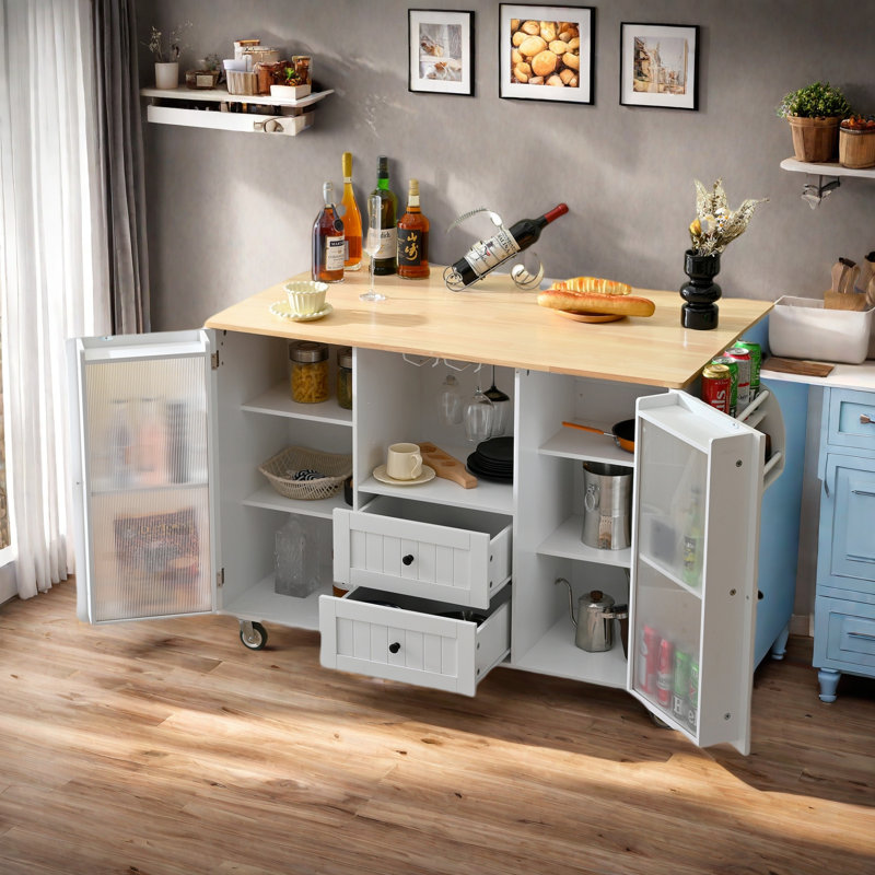 Kitchen Island  With Dropleaf Top, Towel Rack, Spice Rack, 2 Drawers And 2-door Cabinet