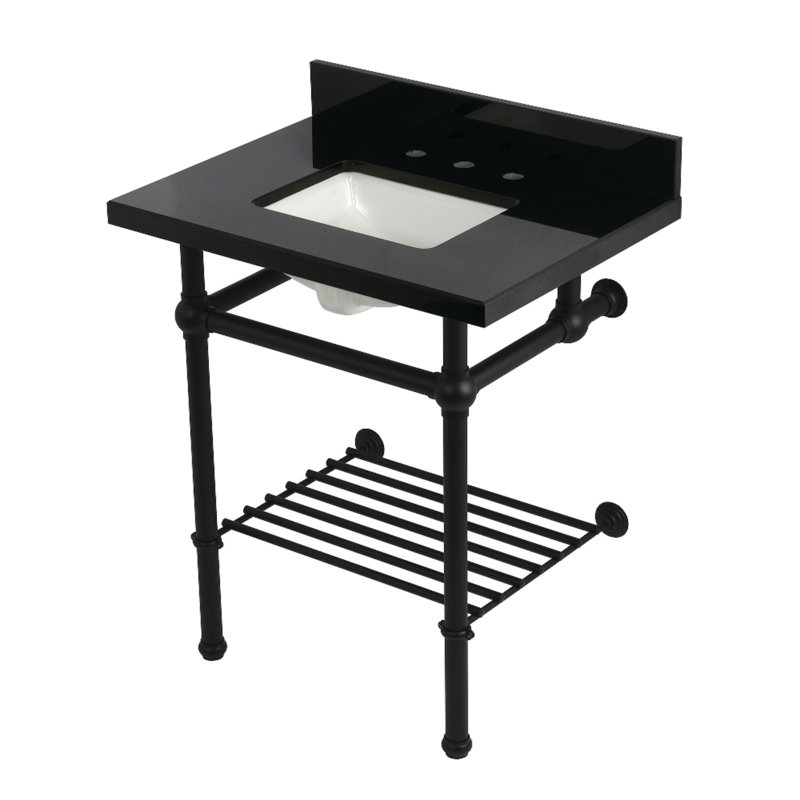 Kingston Brass Templeton 30-Inch Black Granite Console Sink with Brass Legs and Shelf (8-Inch, 3-Hole)