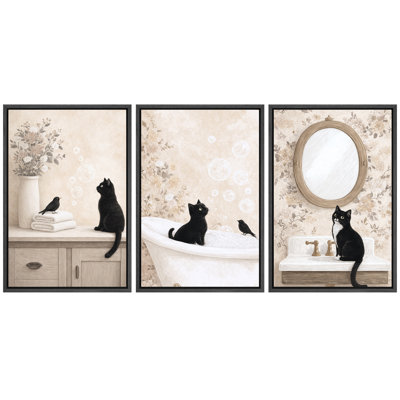 Art de chat fantaisiste, images de salle de bain et de coiffeuse, impression sur toile encadrée, 3 pièces