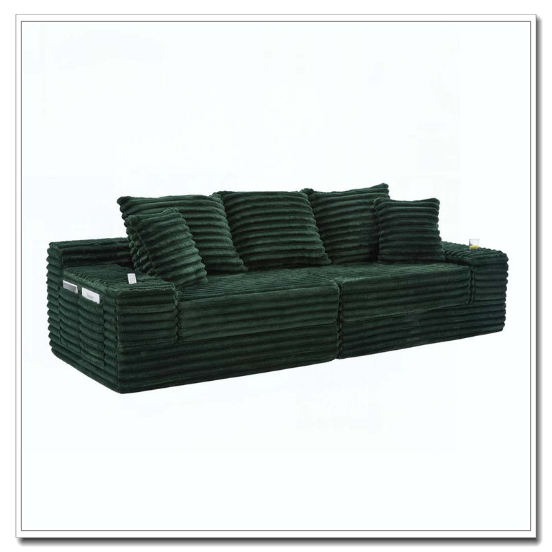 Oversized Boneless Four Seats Sofa with Cup Holder and Side Pockets, Emerald