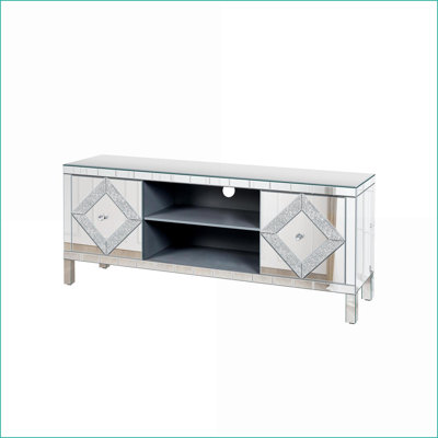 Console de meuble télé 47 po avec portes en verre diamant, rangement ouvert, ajustement télé 50 po | Bois massif + panneau de fibres à densité moyenne + verre | Antique