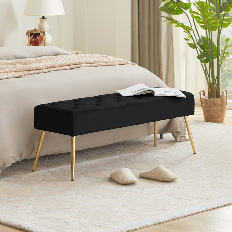 Aghvarth Versatile Tufted Velvet Bench with Gold Metal Legs, Black Velvet