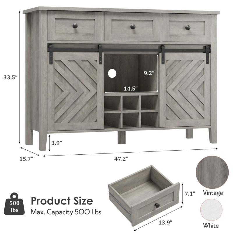 47.2" Sideboard Buffet Cabinet with Barn Door, 3 Drawers, Adjustable Shelf & Removable Wine Rack, Gray