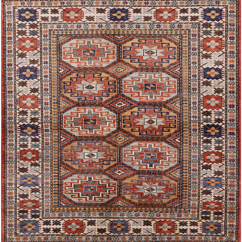 Tapis géométrique brun / beige / bleu, Carré 5 pi