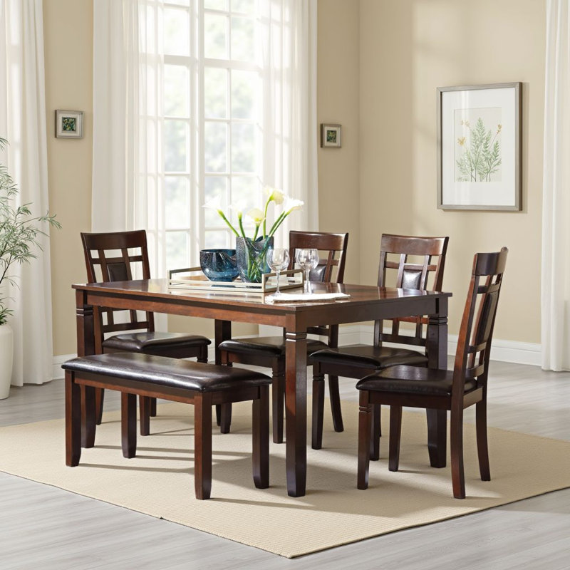 Ensemble de table de salle à manger 6 pièces Noxx avec 4 chaises et 1 banc, brun, similicuir