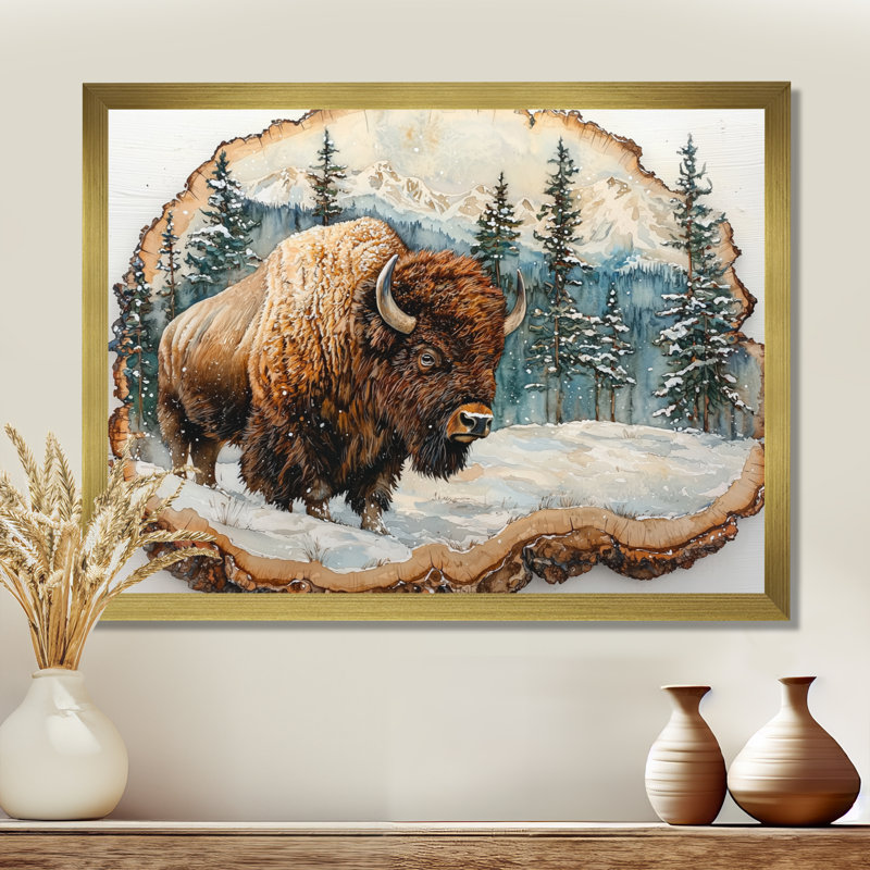 Bison américain dans une glissade en bois, paysage de forêt II - bison, art mural, H 34 po x l 44 po, Cadre simple, Doré