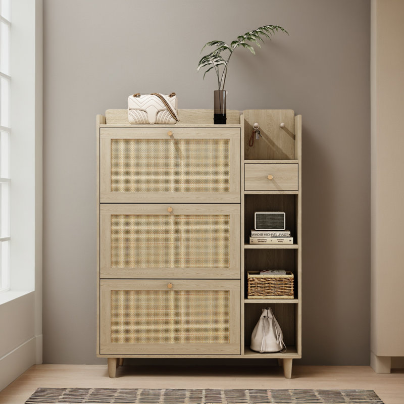 Shoe Organizer with Mulit Storage Space and Hooks for Hallway, Natural Wood