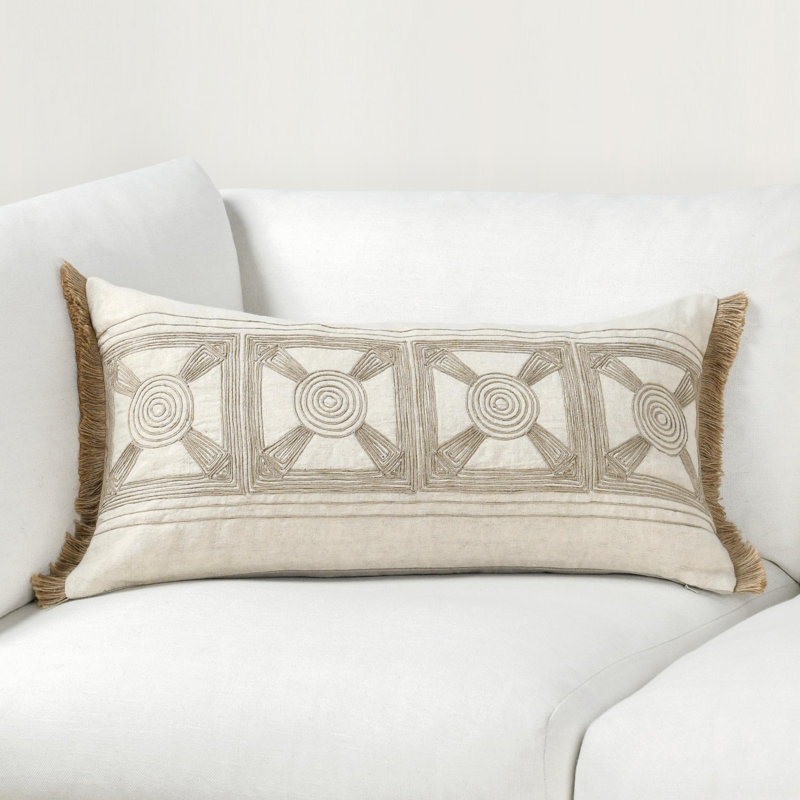 Baia 14x26 Embroidered Belgian Linen Fabric Natural Throw Pillow, 26"H x 14"W, Beige;Cream Geometric, Rectangular